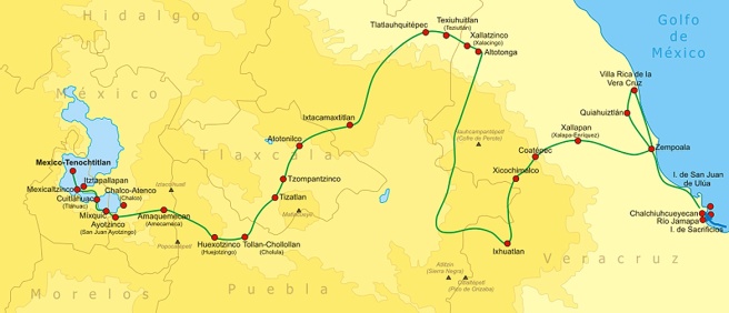 Land route taken by Hernán Cortés