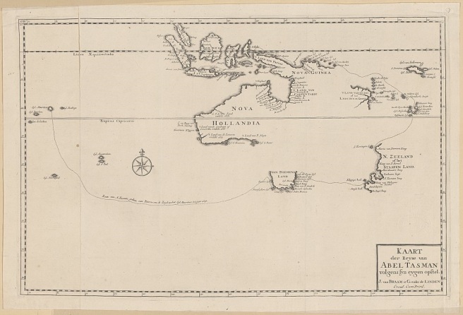 Map showing the discoveries of Abel Tasman in 1642-43 and 1644. The map includes the track of Tasman’s first voyage 1642-43 from Mauritius. It was included in Vol. 3, part 2 of his Francois Valentijn’s history, Oud en nieuw Oost-Indien (Old and new East Indies).
